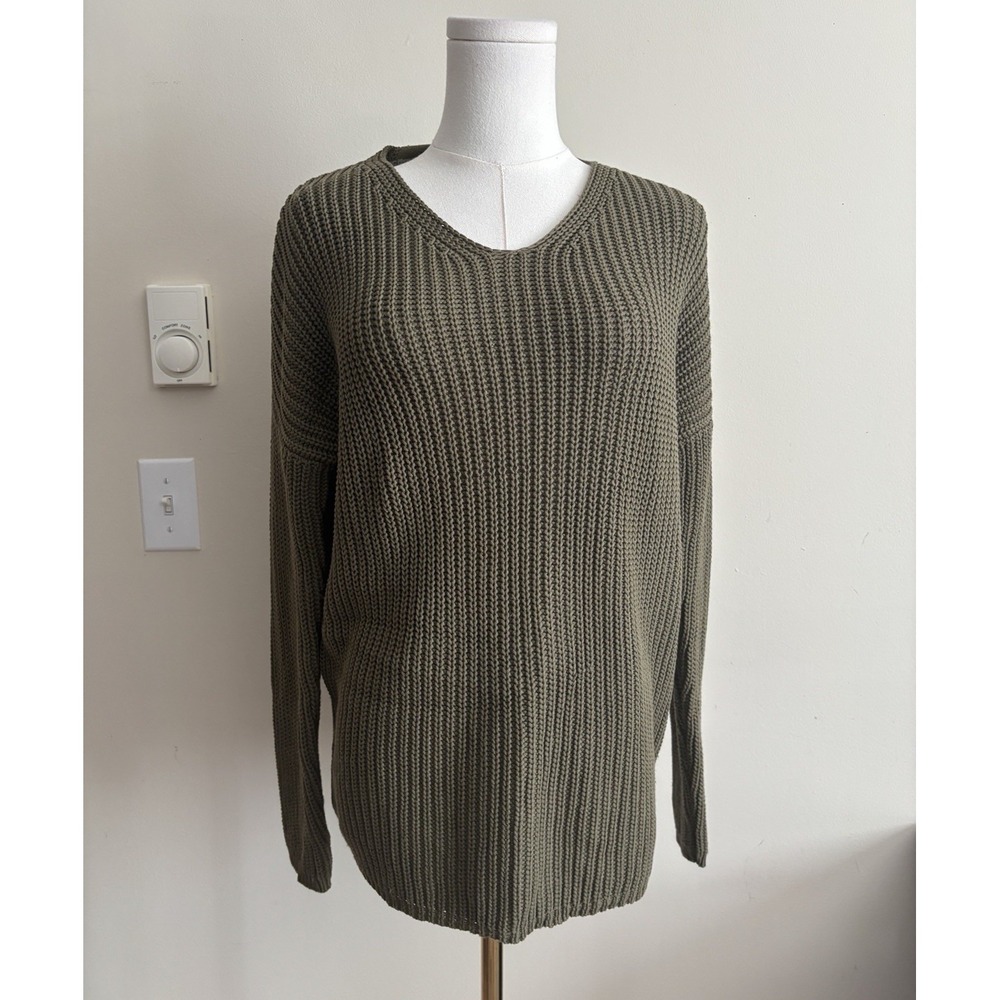 Jenni Kayne XS Oversized Chunky Rib Knit Knit Sweater Green V Neck Cotton Cozy